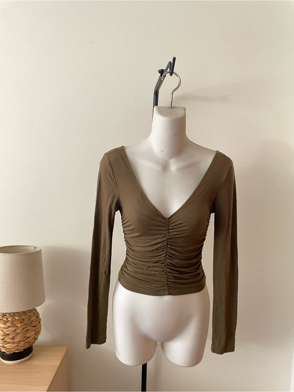 Forever 21 Olive Ruched V-Neck Crop Top